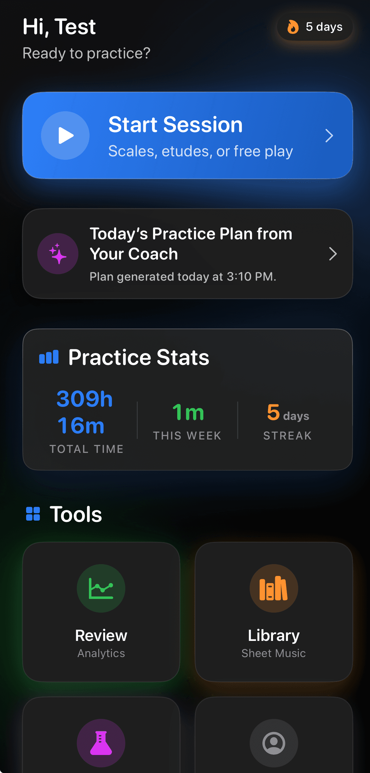Virtunity home screen with a practice plan