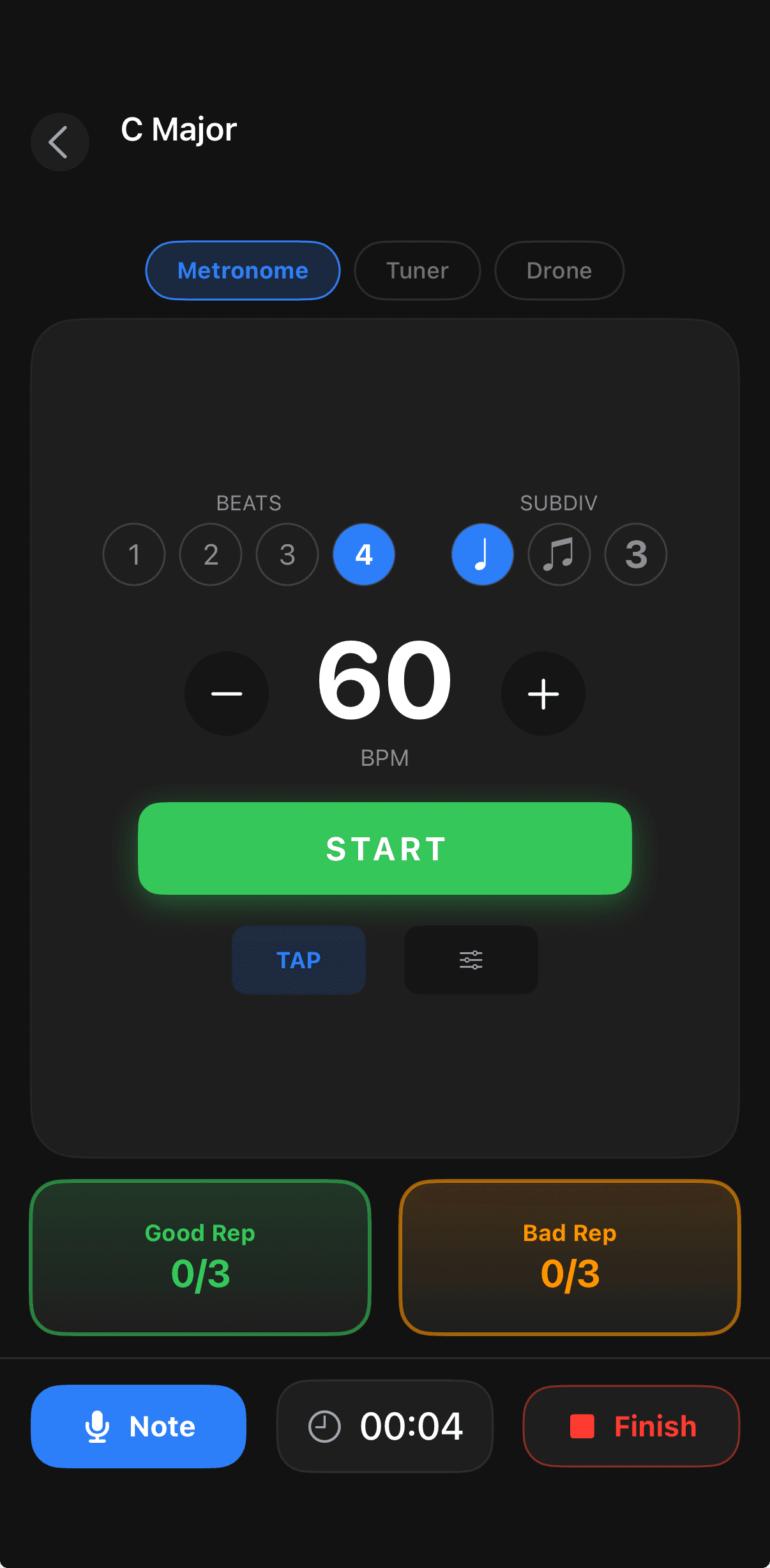 Virtunity practice mode with tuner, metronome, drone, rep counter, and practice notes
